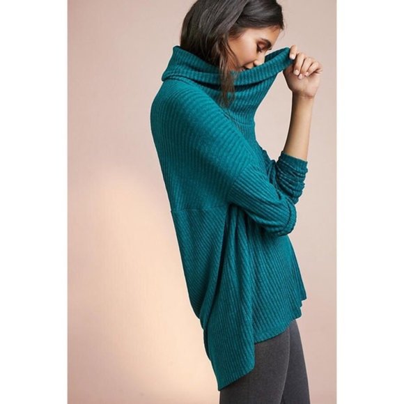 Anthropologie Teal Brushed Cowl Neck Pullover M/L - Picture 2 of 8